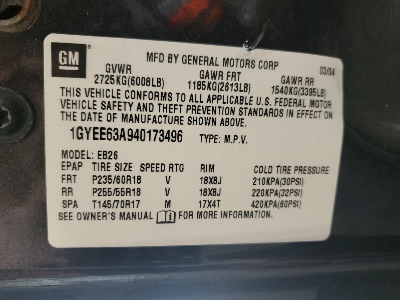 2004 Cadillac Srx VIN: 1GYEE63A940173496 Lot: 55520075