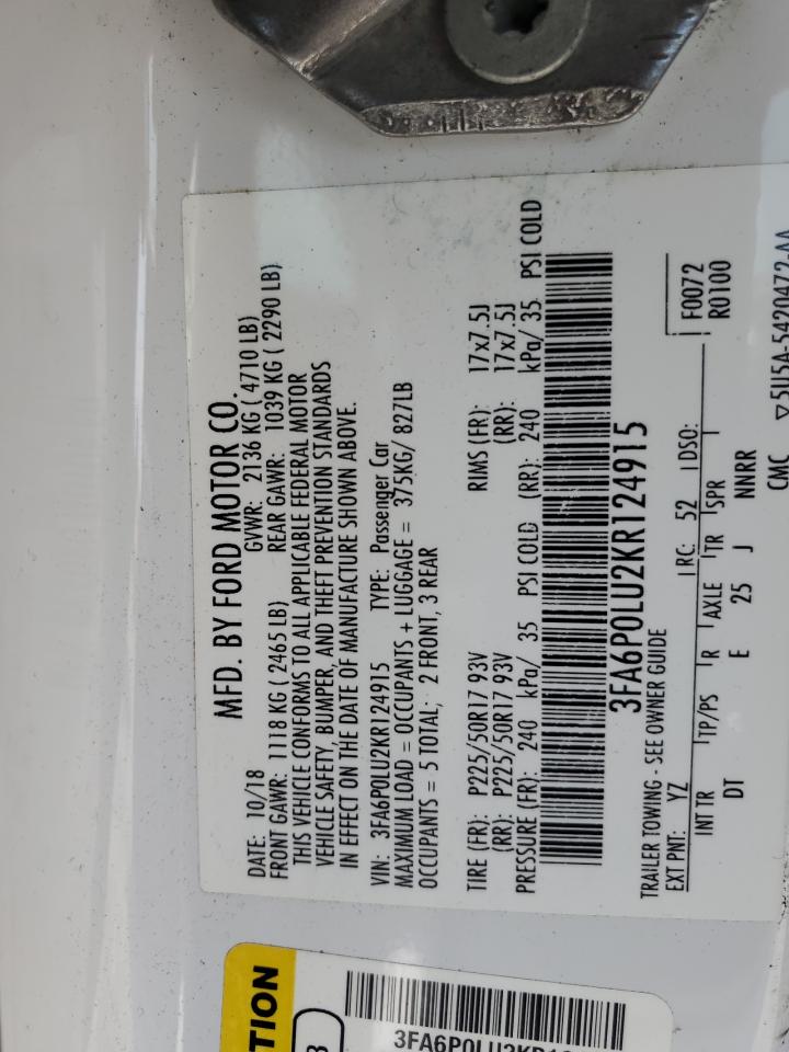 2019 Ford Fusion Se VIN: 3FA6P0LU2KR124915 Lot: 54034005