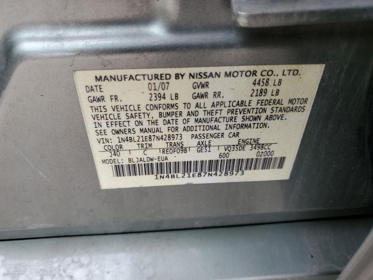 2007 Nissan Altima 3.5Se VIN: 1N4BL21E87N428973 Lot: 56655035