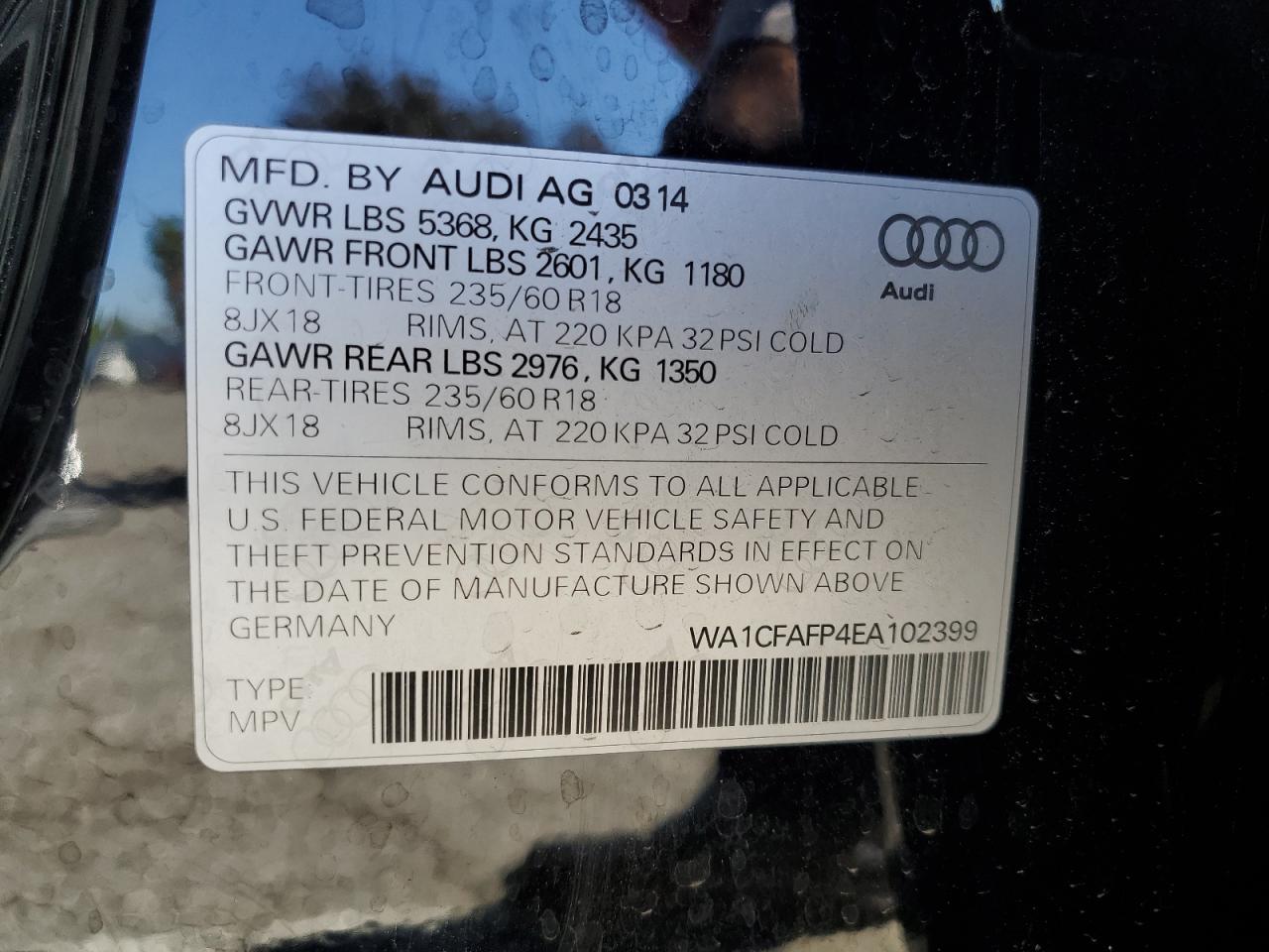 2014 Audi Q5 Premium VIN: WA1CFAFP4EA102399 Lot: 56930745