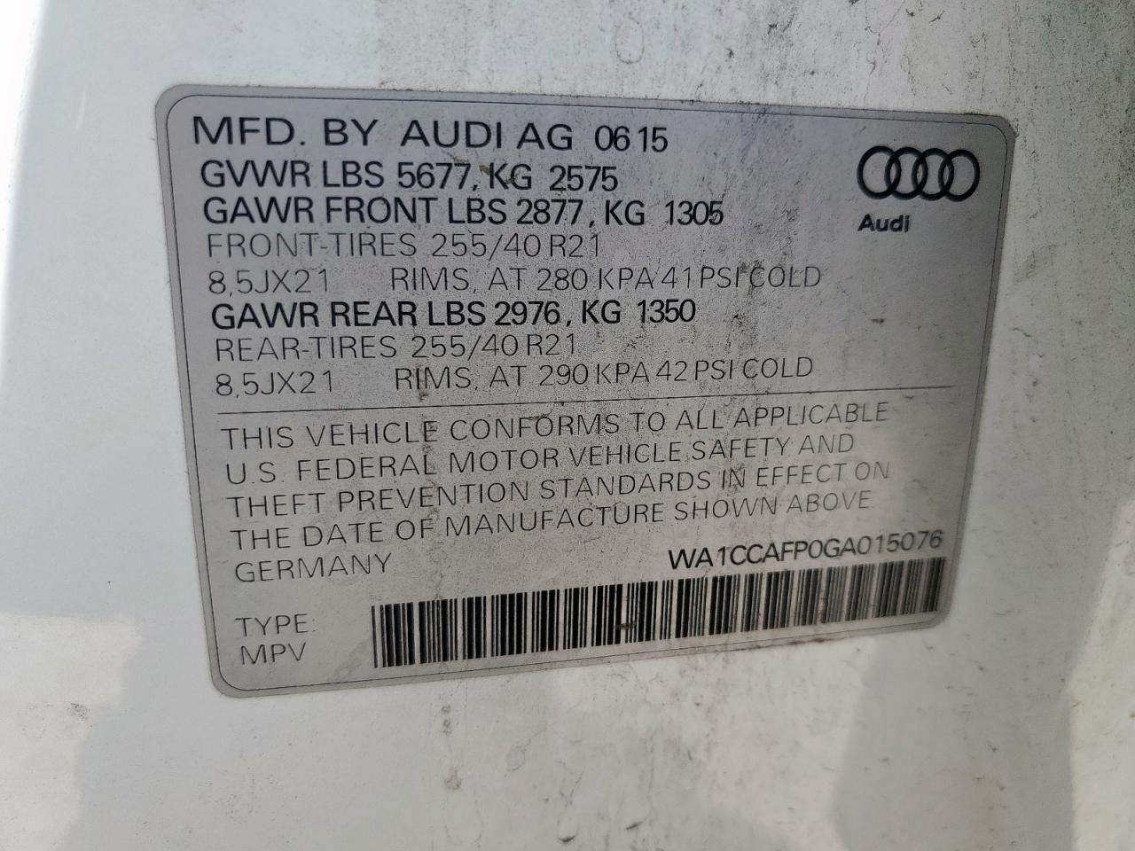 2016 Audi Sq5 Premium Plus VIN: WA1CCAFP0GA015076 Lot: 57091295