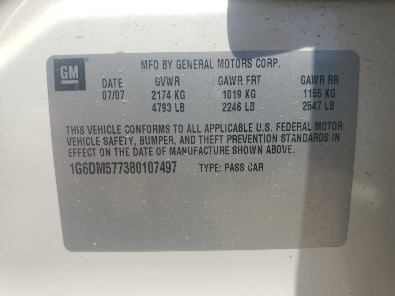 2008 Cadillac Cts VIN: 1G6DM577380107497 Lot: 57281335