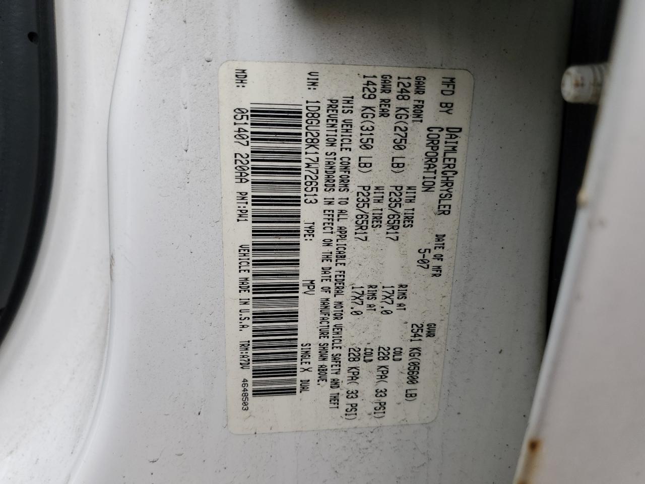 2007 Dodge Nitro Sxt VIN: 1D8GU28K17W726513 Lot: 57329395