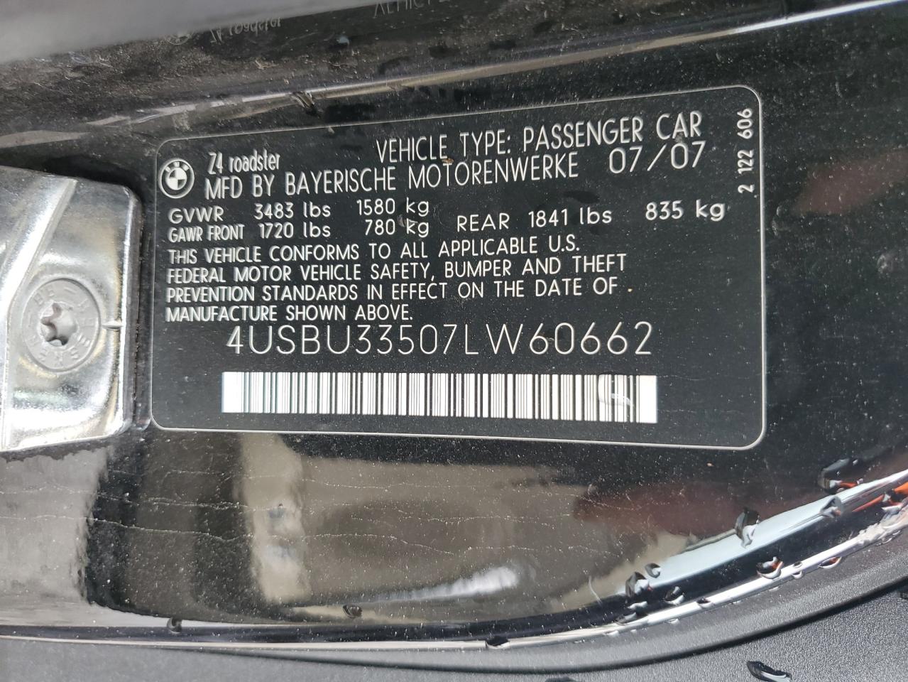 2007 BMW Z4 3.0 VIN: 4USBU33507LW60662 Lot: 58597015