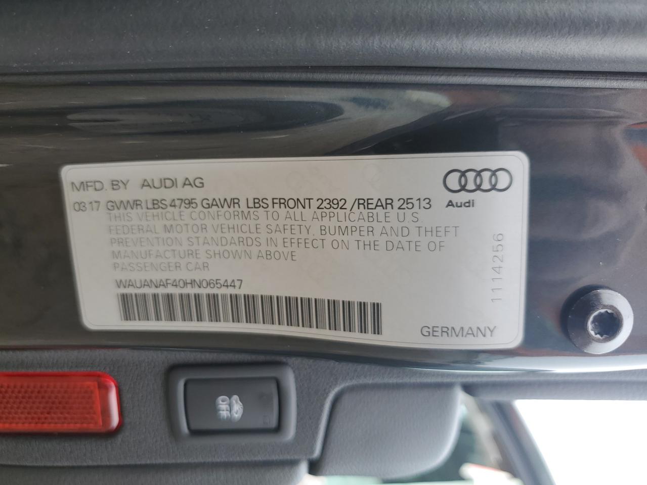 2017 Audi A4 Premium VIN: WAUANAF40HN065447 Lot: 56946135