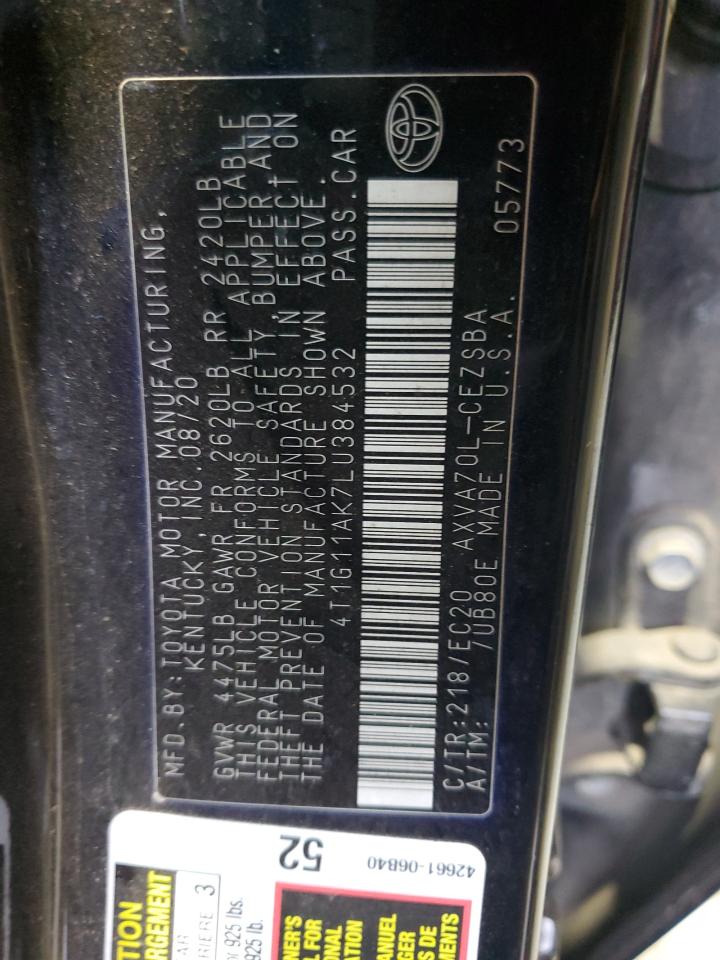 2020 Toyota Camry Se VIN: 4T1G11AK7LU384532 Lot: 54878705