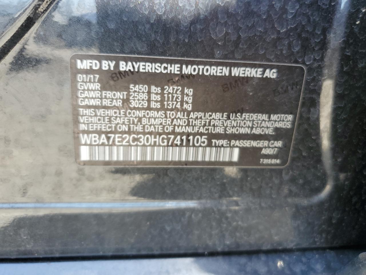 2017 BMW 740 I VIN: WBA7E2C30HG741105 Lot: 56632005