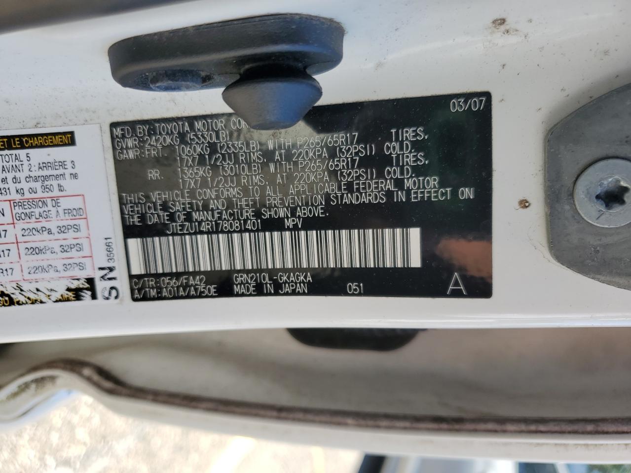 2007 Toyota 4Runner Sr5 VIN: JTEZU14R178081401 Lot: 59037425