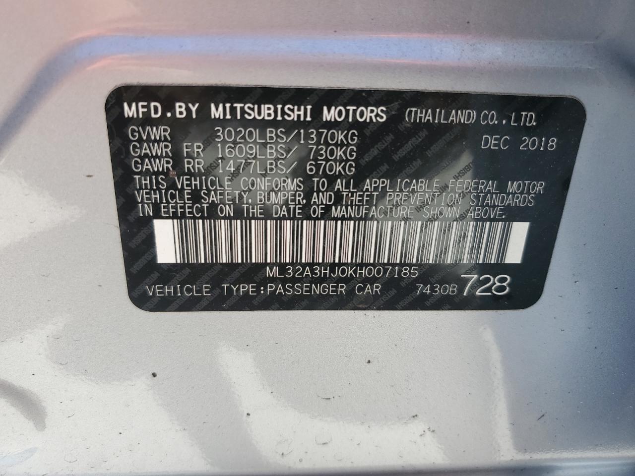 2019 Mitsubishi Mirage Es VIN: ML32A3HJ0KH007185 Lot: 57464135