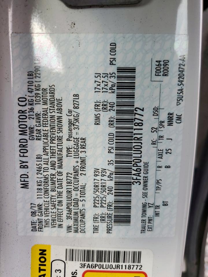 2018 Ford Fusion Se Hybrid VIN: 3FA6P0LU0JR118772 Lot: 54037865