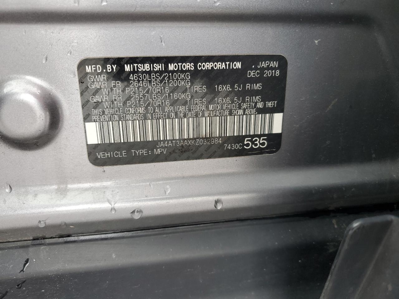 2019 Mitsubishi Eclipse Cross Es VIN: JA4AT3AAXKZ032984 Lot: 58661565