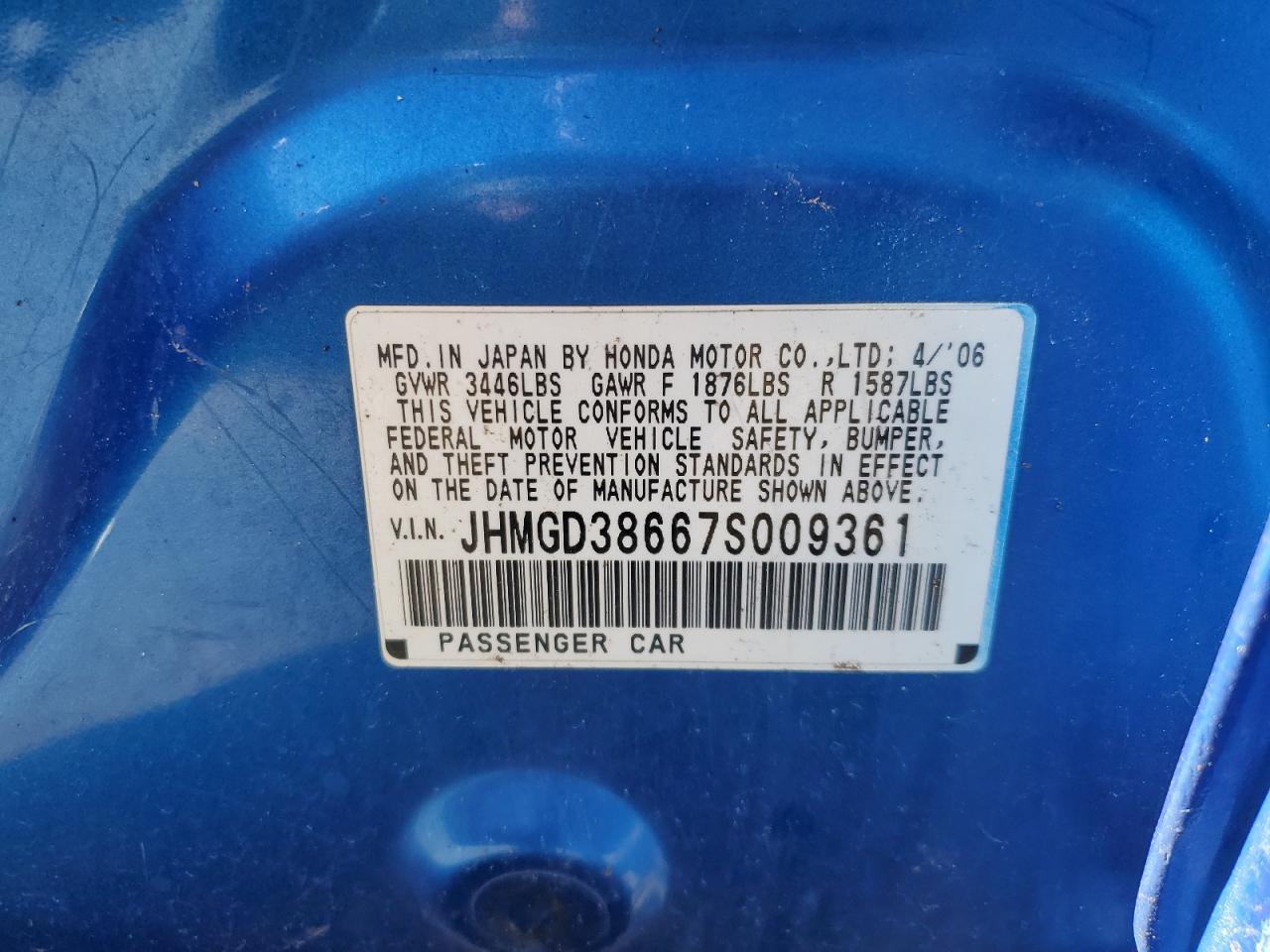 2007 Honda Fit S VIN: JHMGD38667S009361 Lot: 56256635