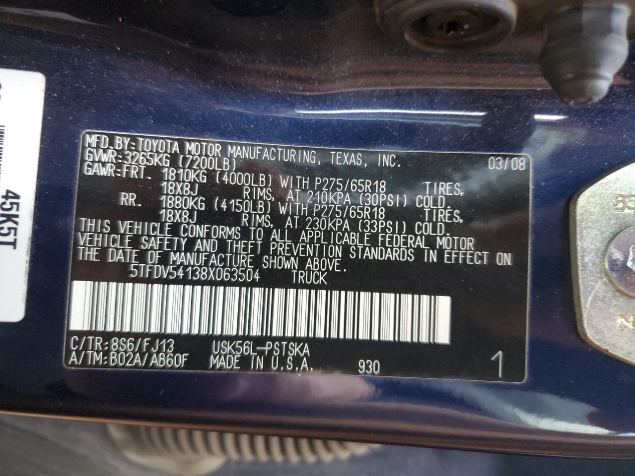 2008 Toyota Tundra Crewmax VIN: 5TFDV54138X063504 Lot: 57302335