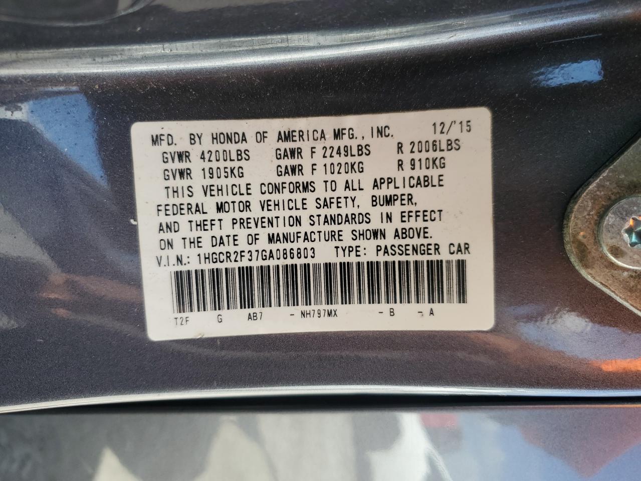 2016 Honda Accord Lx VIN: 1HGCR2F37GA086803 Lot: 72030545