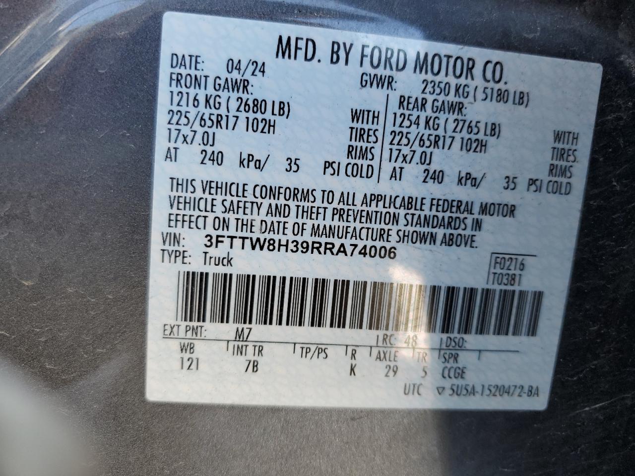 2024 Ford Maverick Xlt VIN: 3FTTW8H39RRA74006 Lot: 56146045