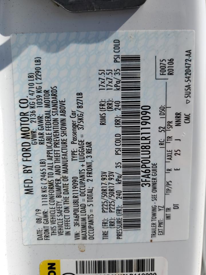 2020 Ford Fusion Se VIN: 3FA6P0LU8LR119090 Lot: 54022775