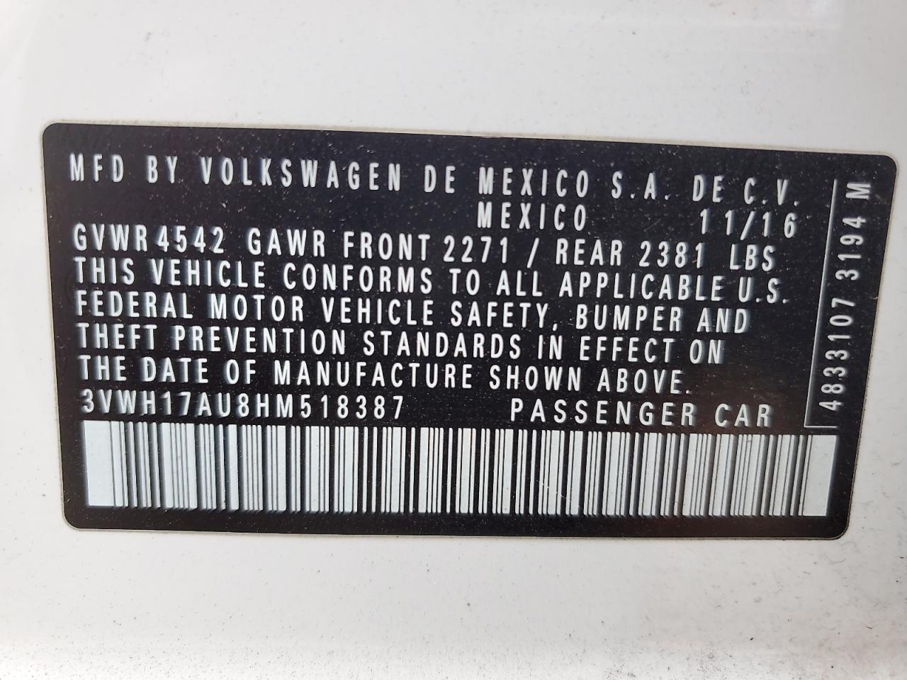 2017 Volkswagen Golf Alltrack S VIN: 3VWH17AU8HM518387 Lot: 57948315