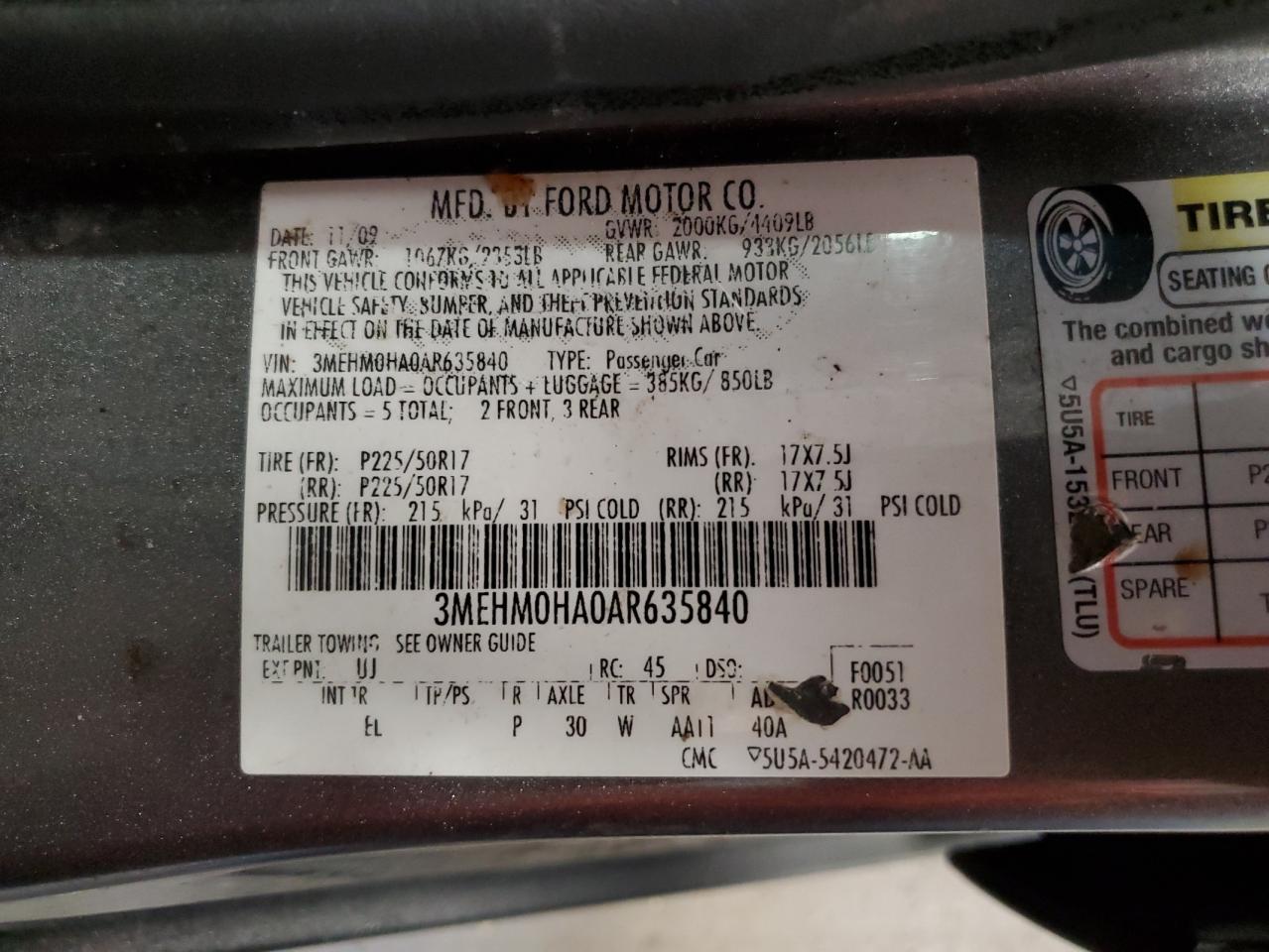 2010 Mercury Milan VIN: 3MEHM0HA0AR635840 Lot: 56030695