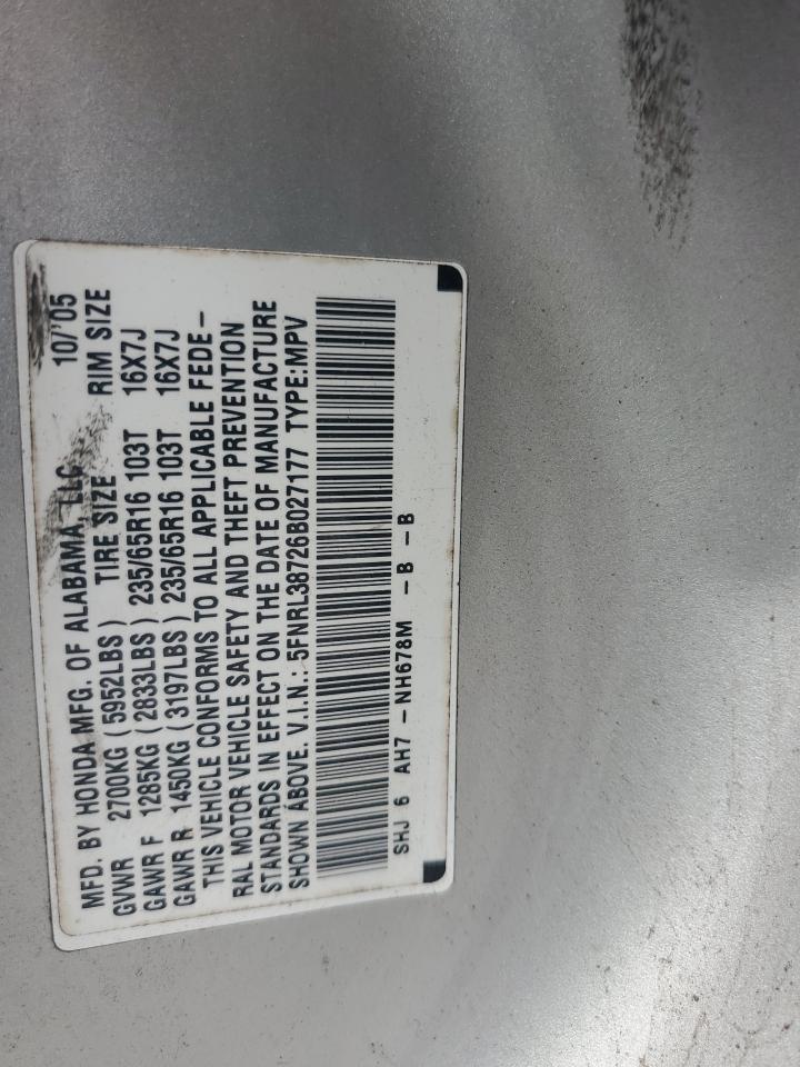 2006 Honda Odyssey Exl VIN: 5FNRL38726B027177 Lot: 55780985