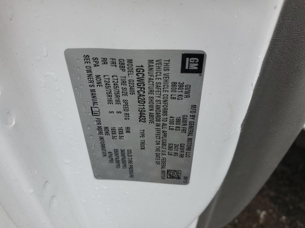 2013 Chevrolet Express G2500 VIN: 1GCWGFCA2D1194432 Lot: 57453305