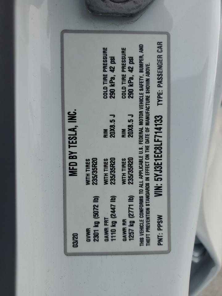 2020 Tesla Model 3 VIN: 5YJ3E1EC8LF714133 Lot: 55134505