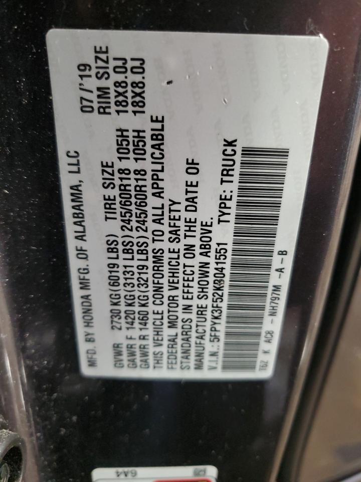 2019 Honda Ridgeline Rtl VIN: 5FPYK3F52KB041551 Lot: 56640425