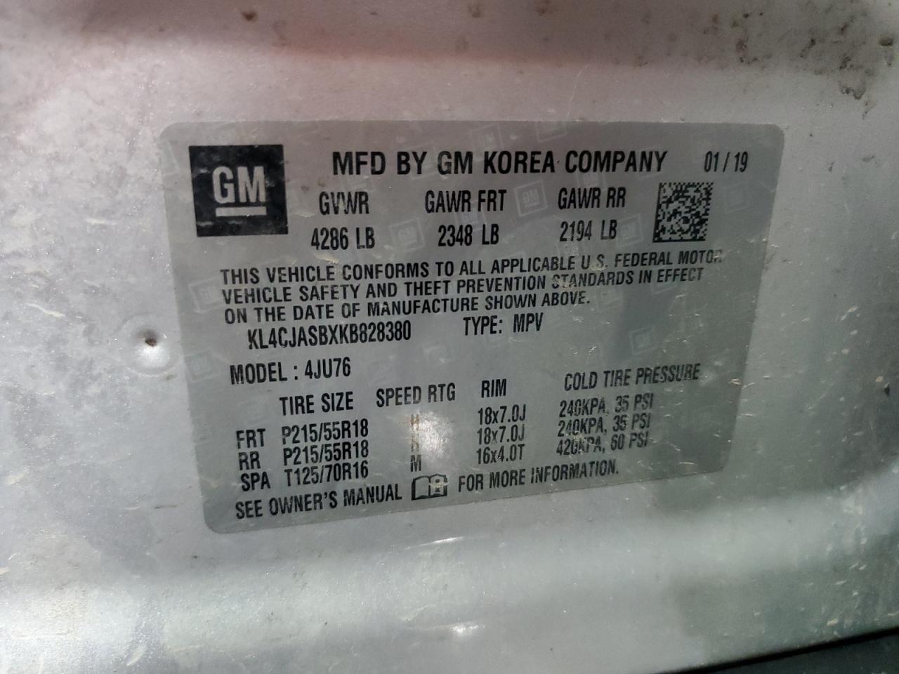 2019 Buick Encore Preferred VIN: KL4CJASBXKB828380 Lot: 56309905