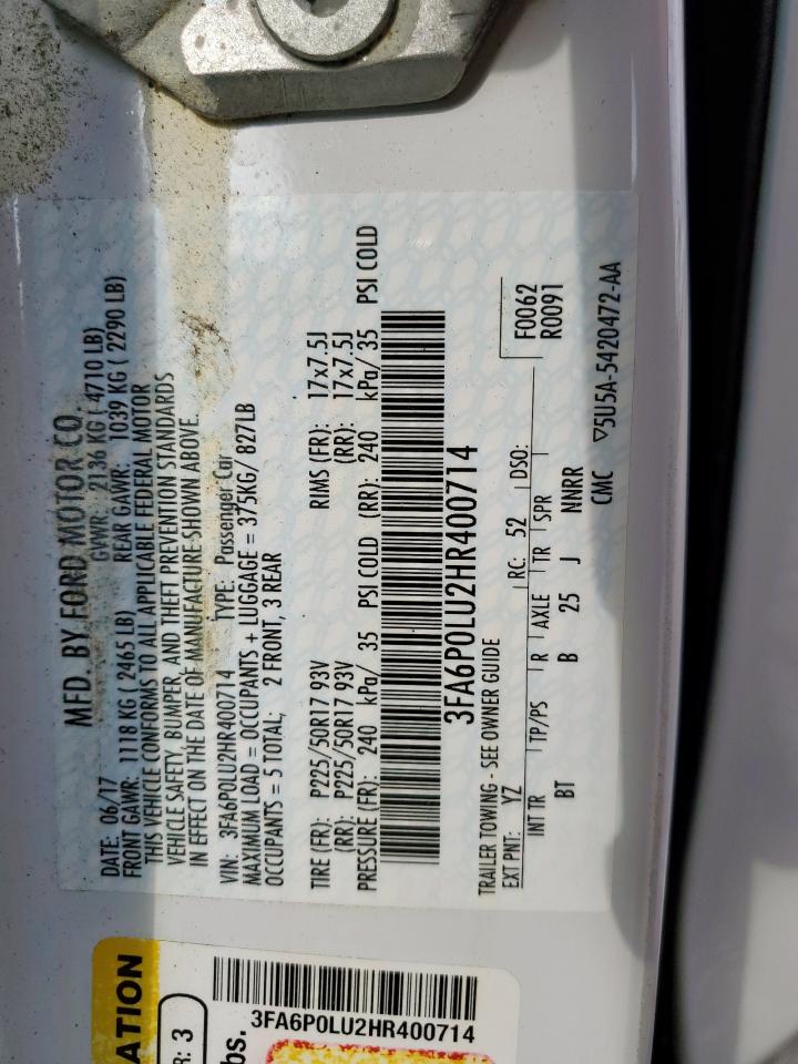2017 Ford Fusion Se Hybrid VIN: 3FA6P0LU2HR400714 Lot: 54037925