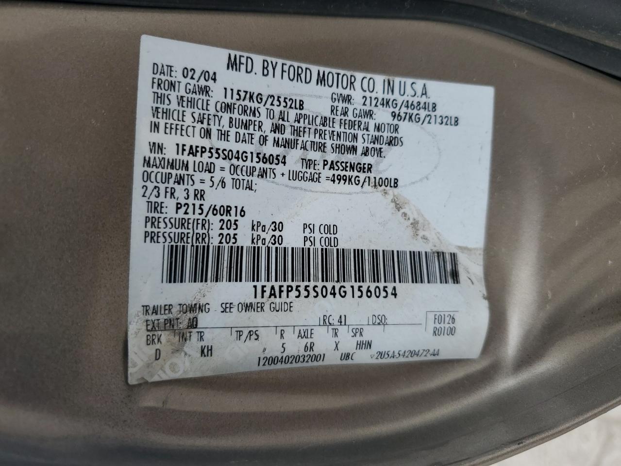 2004 Ford Taurus Ses VIN: 1FAFP55S04G156054 Lot: 56922675