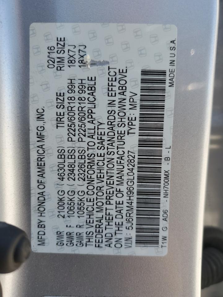 2016 Honda Cr-V Touring VIN: 5J6RM4H96GL042827 Lot: 56857985