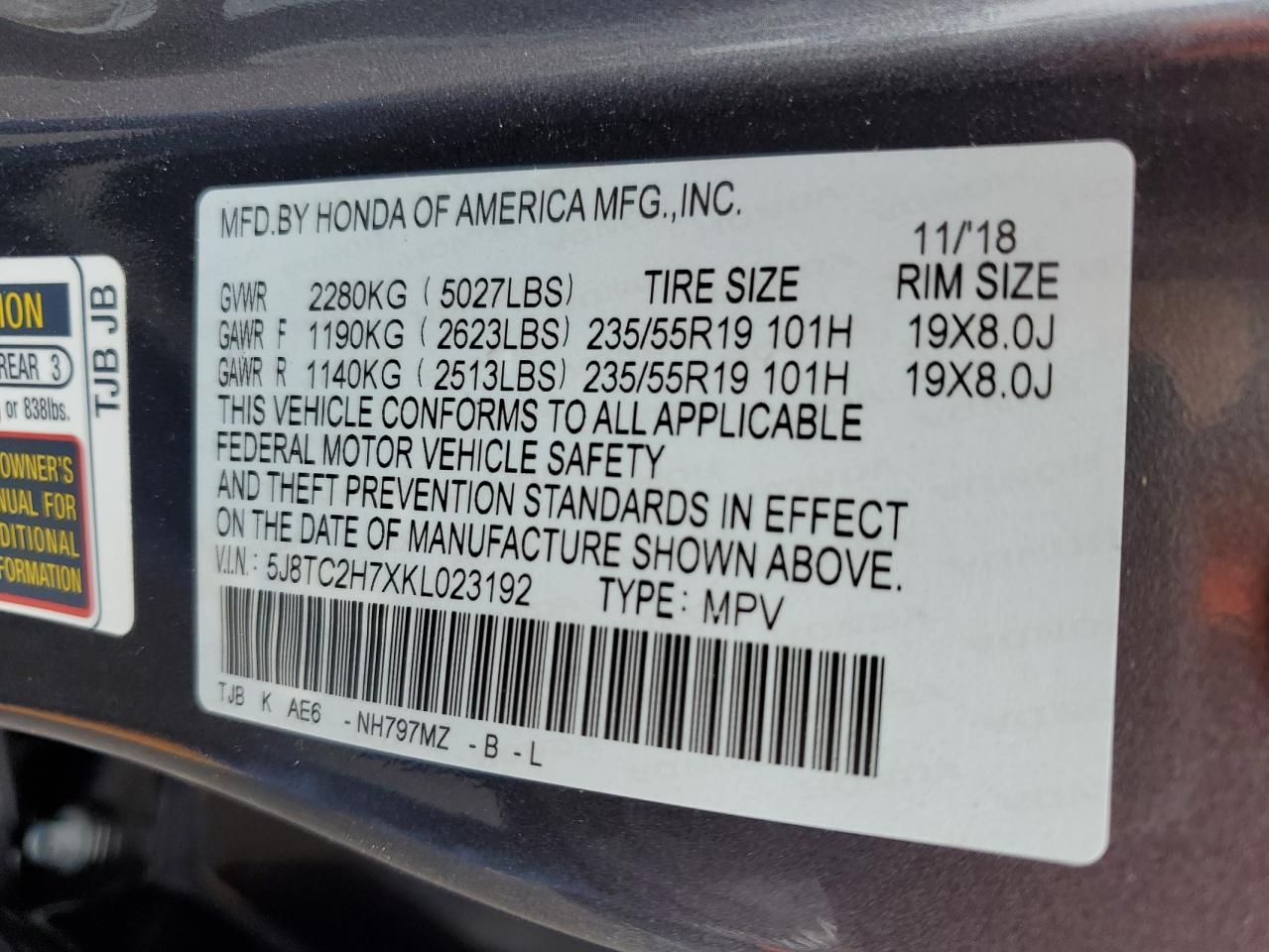 2019 Acura Rdx Advance VIN: 5J8TC2H7XKL023192 Lot: 56919815