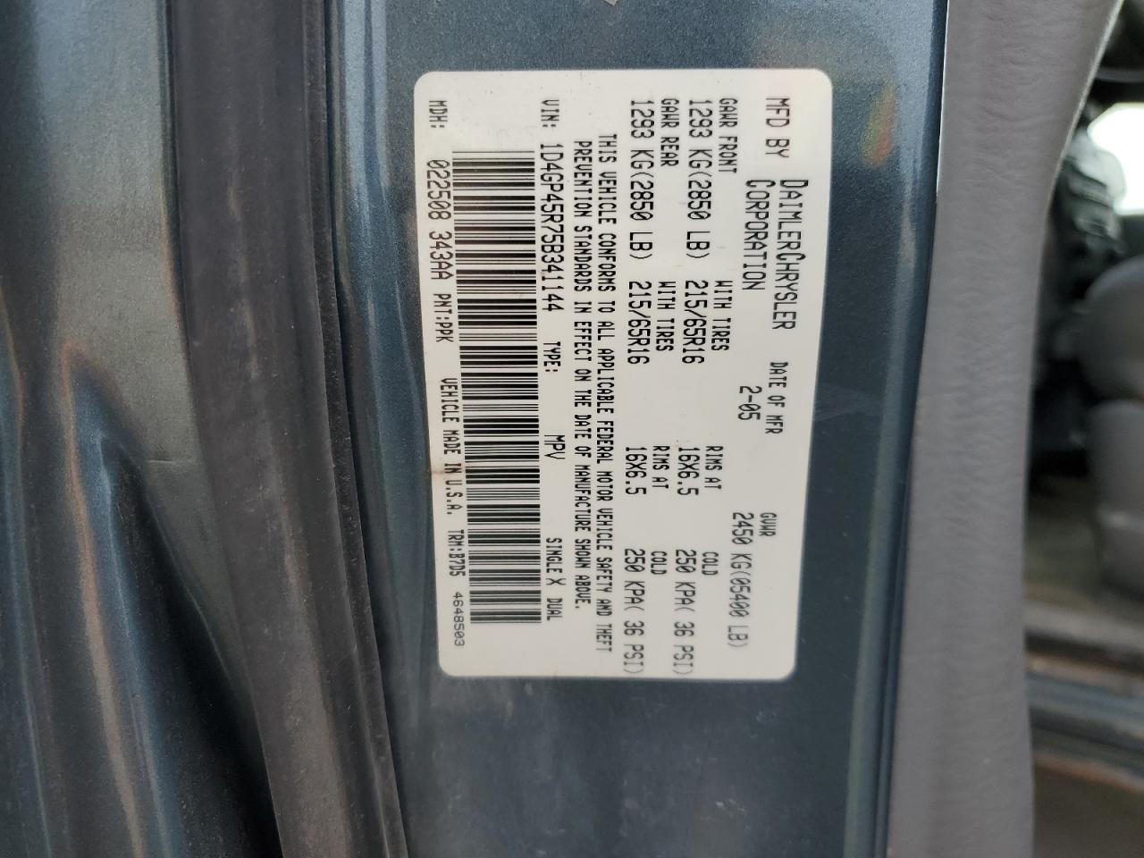 2005 Dodge Caravan Sxt VIN: 1D4GP45R75B341144 Lot: 55465635