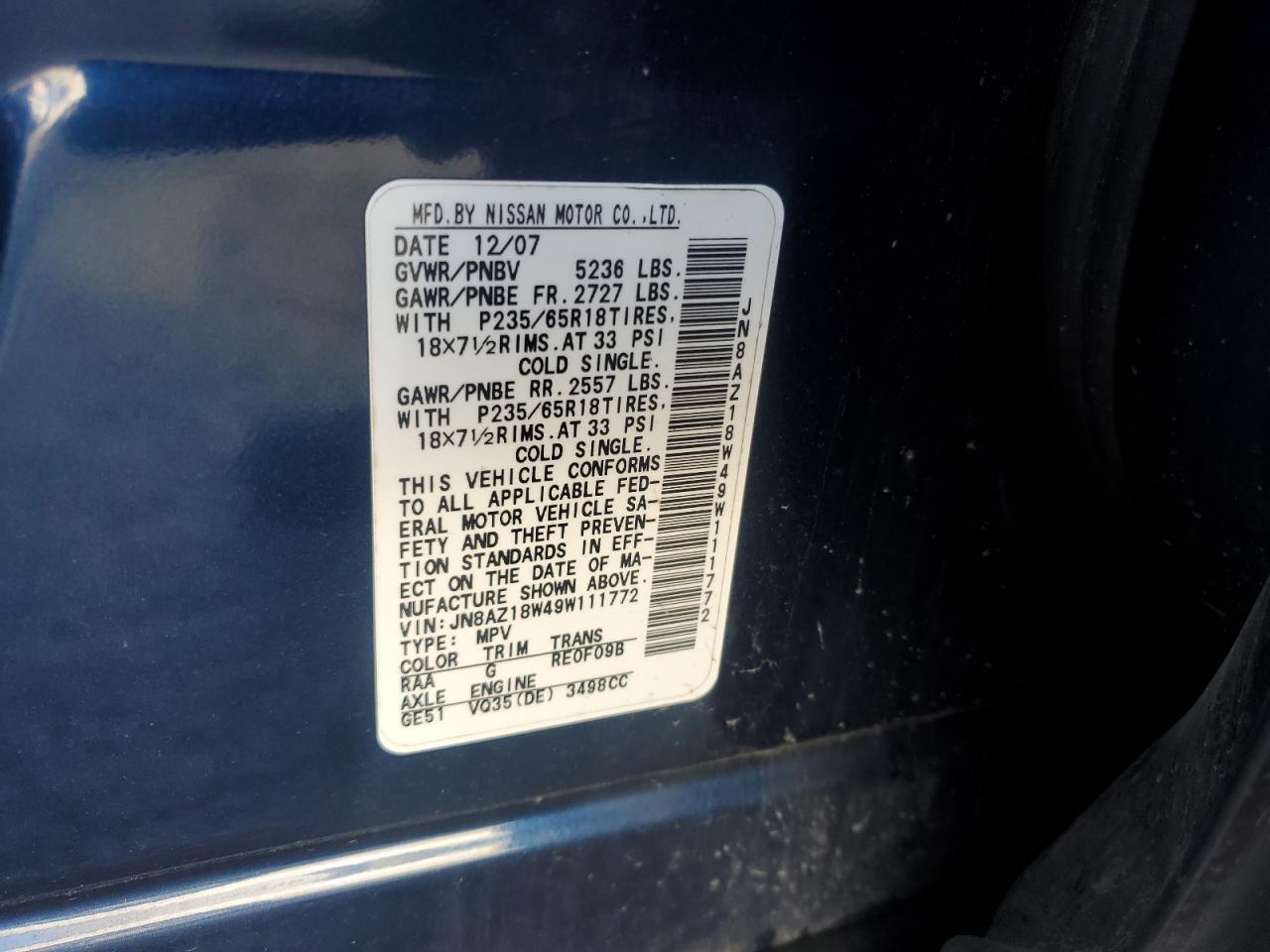 2009 Nissan Murano S VIN: JN8AZ18W49W111772 Lot: 56991255