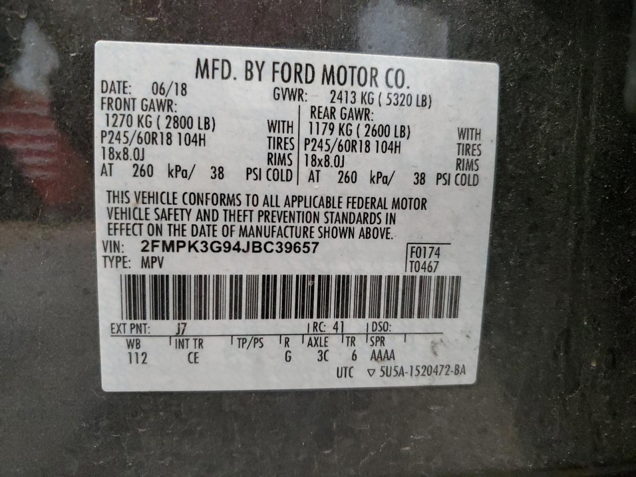 2018 Ford Edge Se VIN: 2FMPK3G94JBC39657 Lot: 58947725