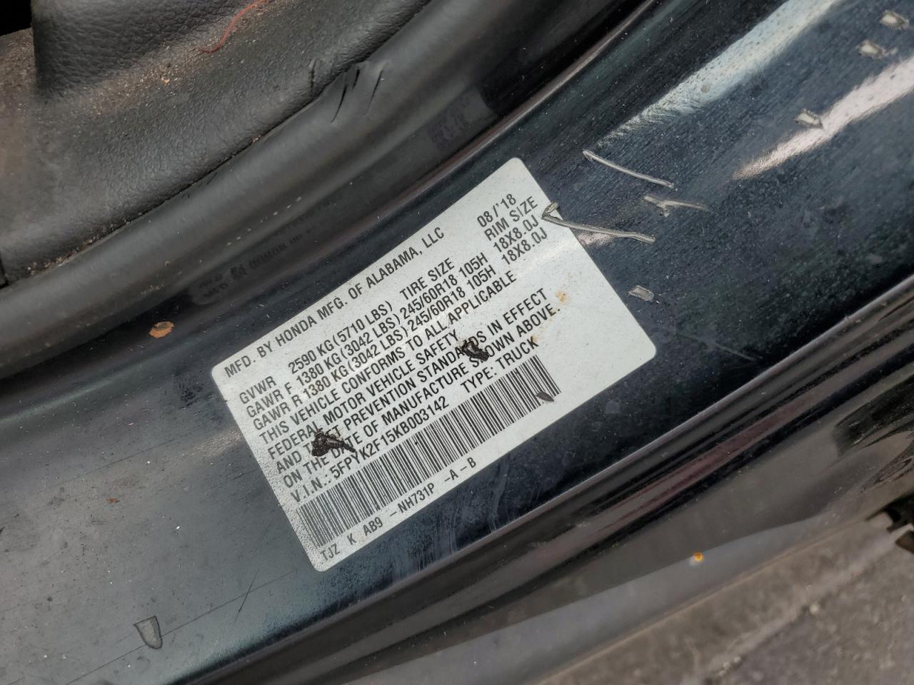 2019 Honda Ridgeline Sport VIN: 5FPYK2F15KB003142 Lot: 57058235