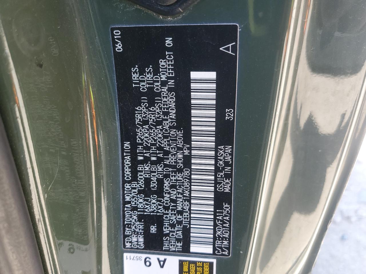 2010 Toyota Fj Cruiser VIN: JTEBU4BF1AK089780 Lot: 57455405