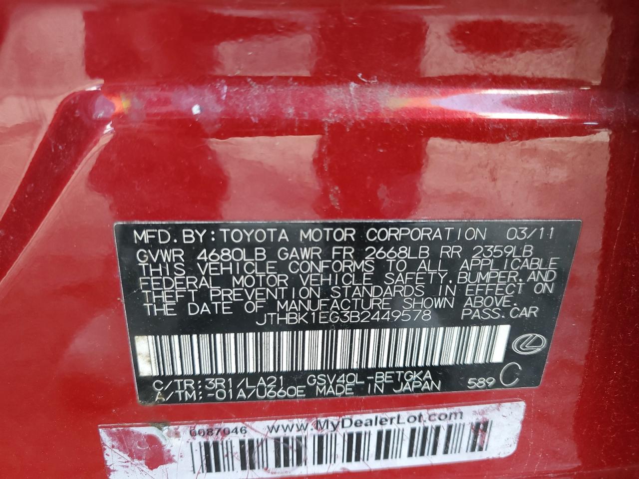 2011 Lexus Es 350 VIN: JTHBK1EG3B2449578 Lot: 58701855