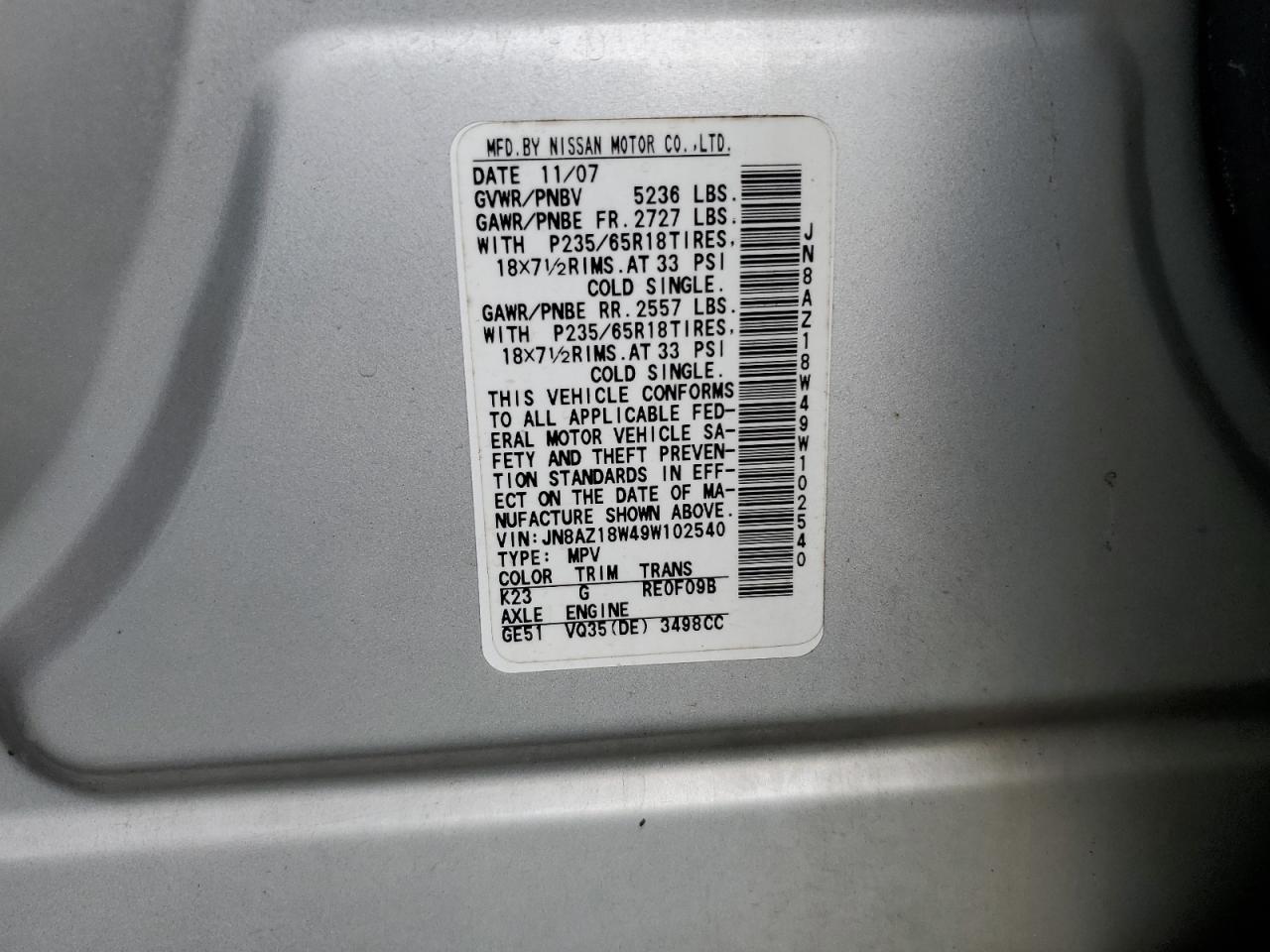 2009 Nissan Murano S VIN: JN8AZ18W49W102540 Lot: 56830705