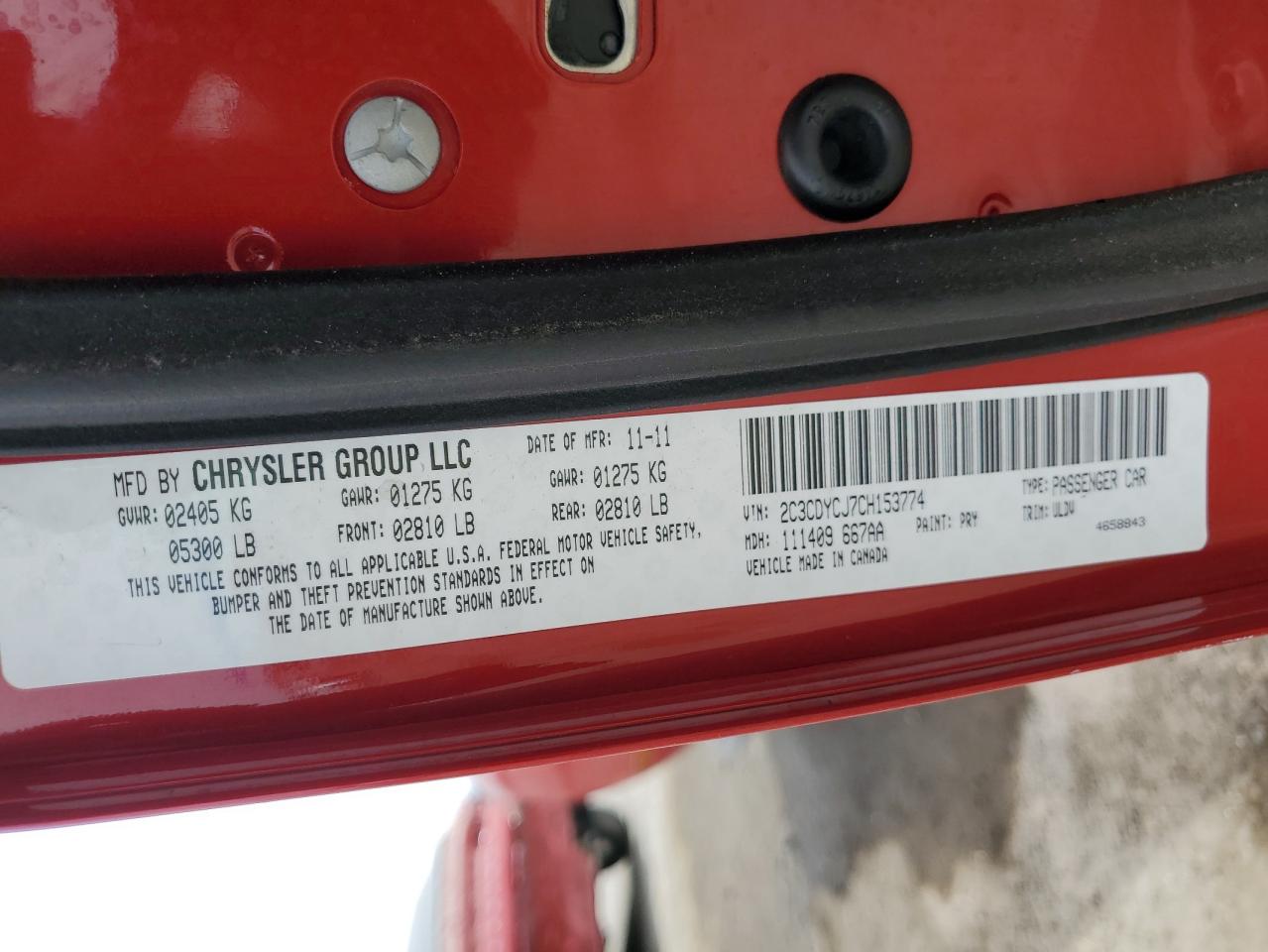 2012 Dodge Challenger Srt-8 VIN: 2C3CDYCJ7CH153774 Lot: 56973935