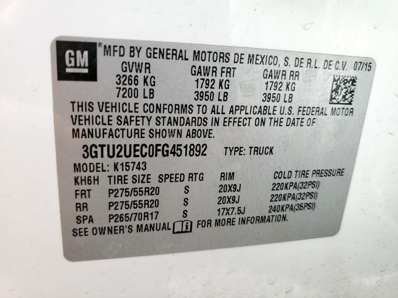 2015 GMC Sierra K1500 Sle VIN: 3GTU2UEC0FG451892 Lot: 56626995