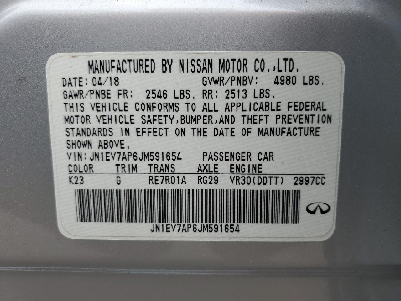 2018 Infiniti Q50 Luxe VIN: JN1EV7AP6JM591654 Lot: 56889565
