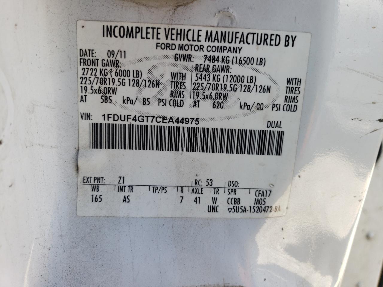 2012 Ford F450 Super Duty VIN: 1FDUF4GT7CEA44975 Lot: 55132905