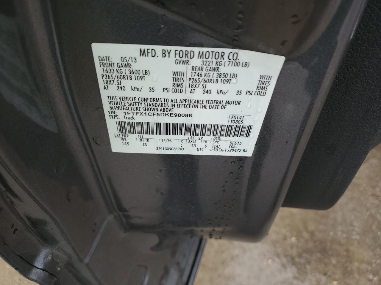 2013 Ford F150 Super Cab VIN: 1FTFX1CF5DKE98086 Lot: 54669725