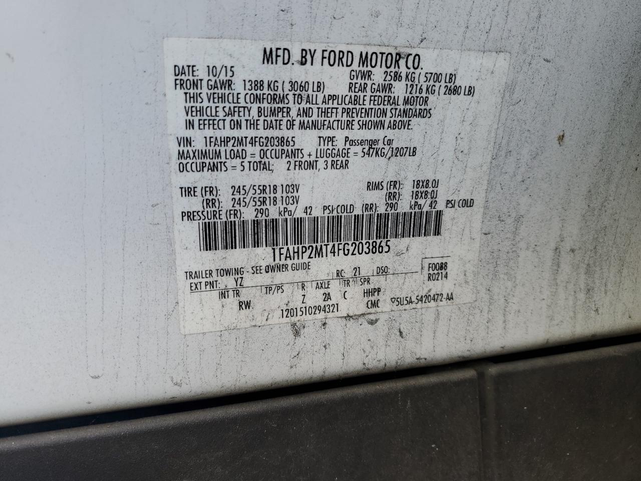 2015 Ford Taurus Police Interceptor VIN: 1FAHP2MT4FG203865 Lot: 57017075