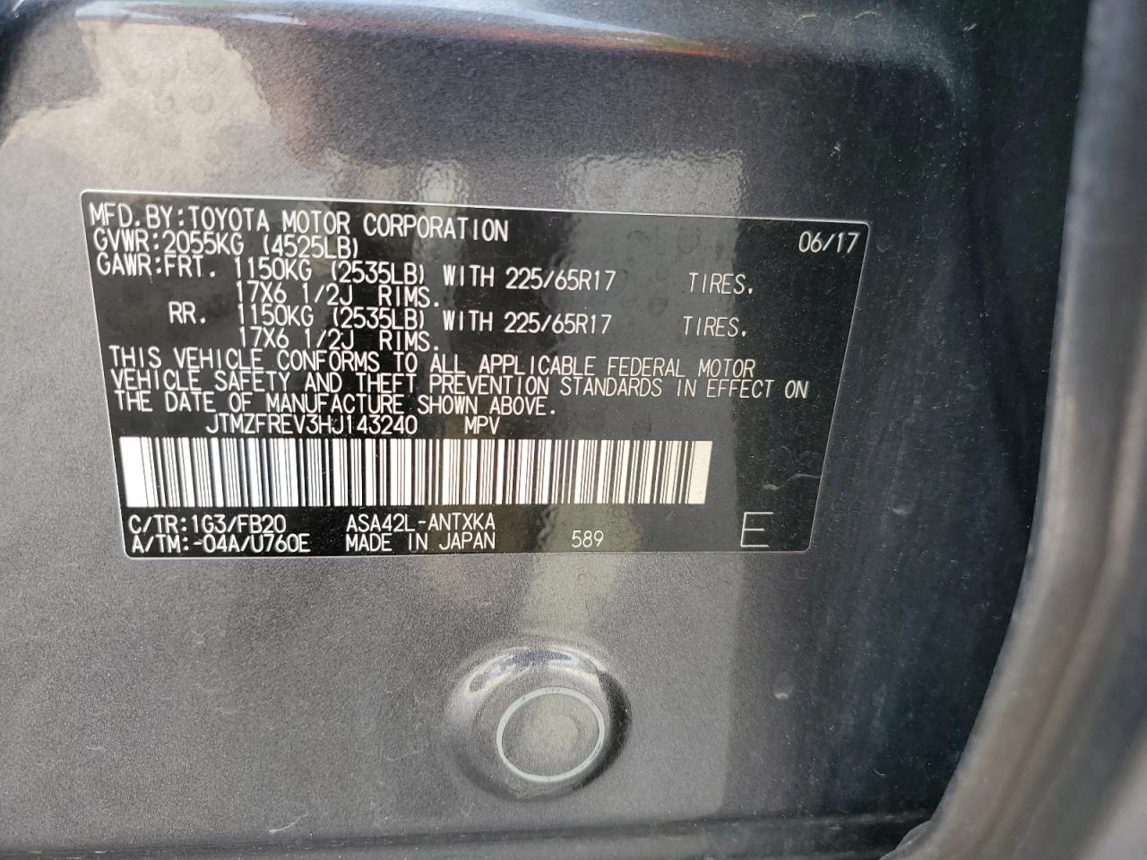 2017 Toyota Rav4 Le VIN: JTMZFREV3HJ143240 Lot: 56947275