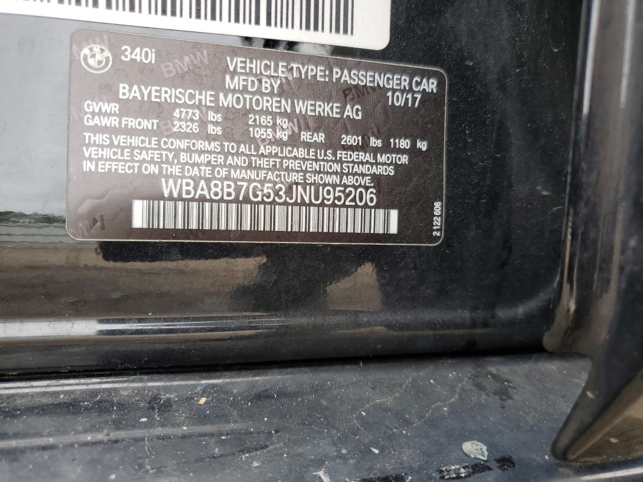 2018 BMW 340 Xi VIN: WBA8B7G53JNU95206 Lot: 56543925