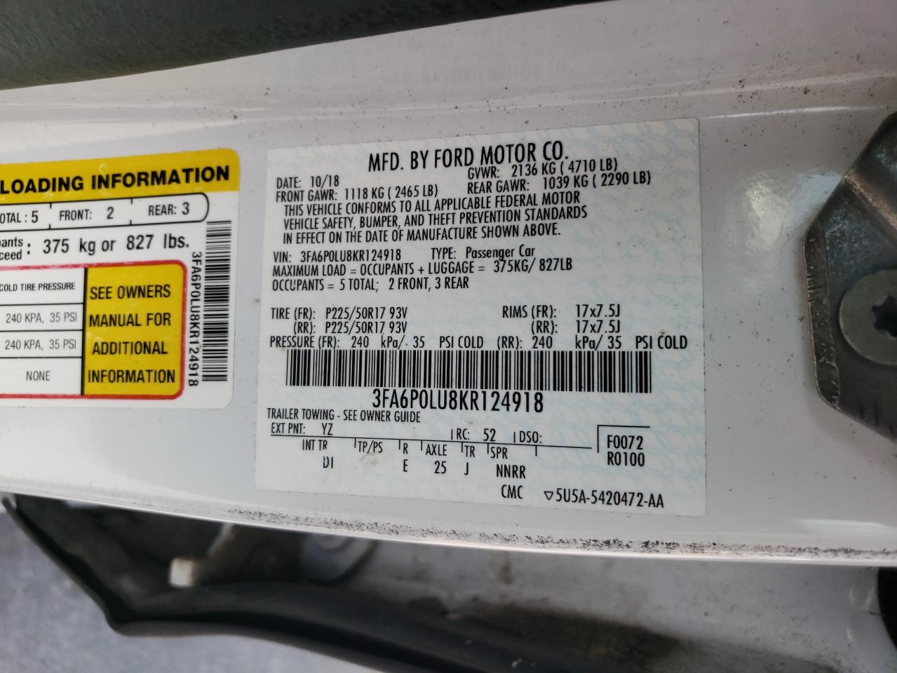 2019 Ford Fusion Se VIN: 3FA6P0LU8KR124918 Lot: 54033135