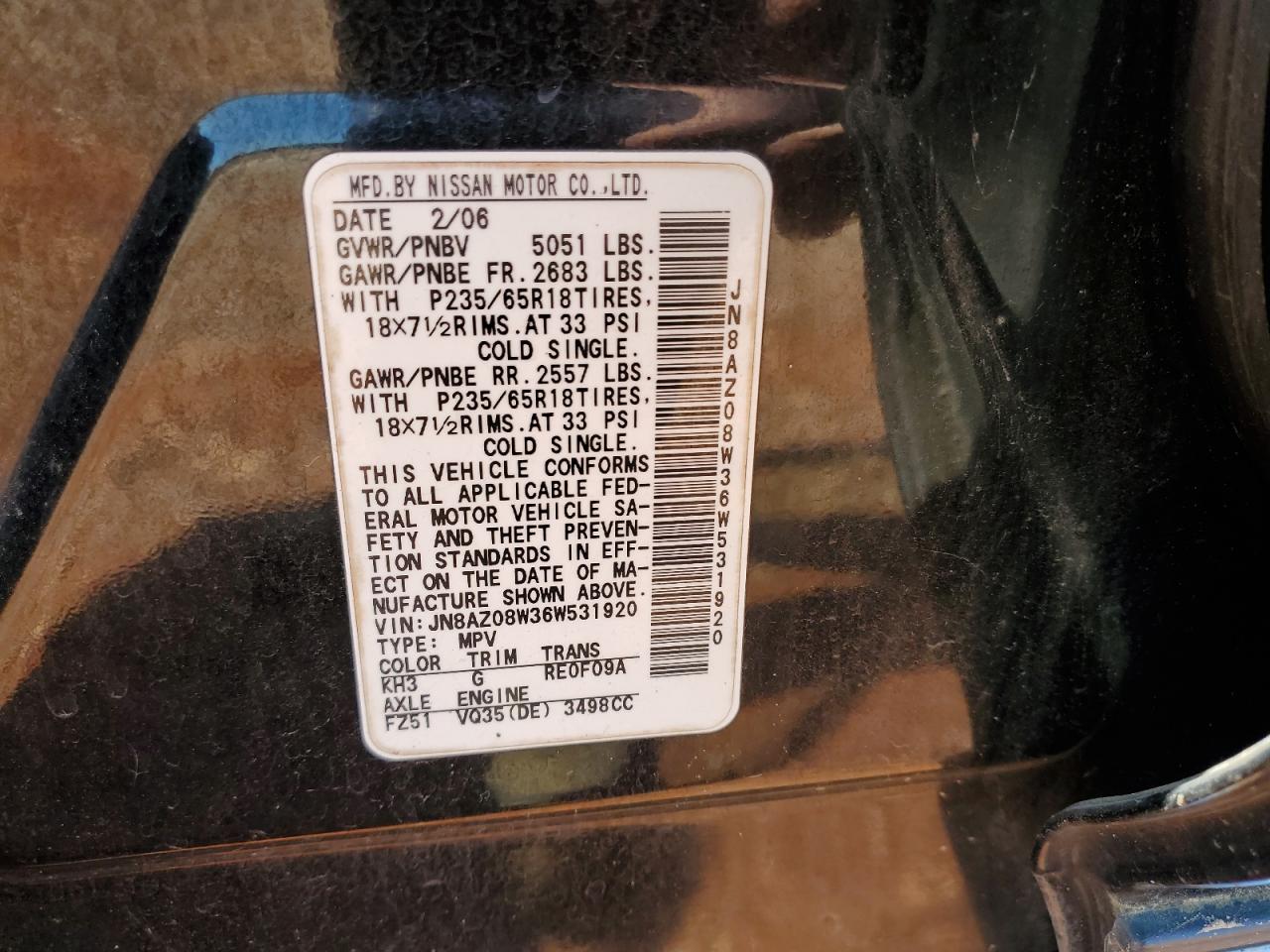 2006 Nissan Murano Sl VIN: JN8AZ08W36W531920 Lot: 57418785