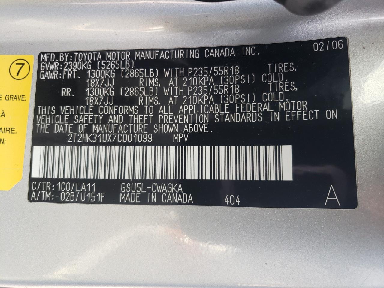 2007 Lexus Rx 350 VIN: 2T2HK31UX7C001099 Lot: 56254255