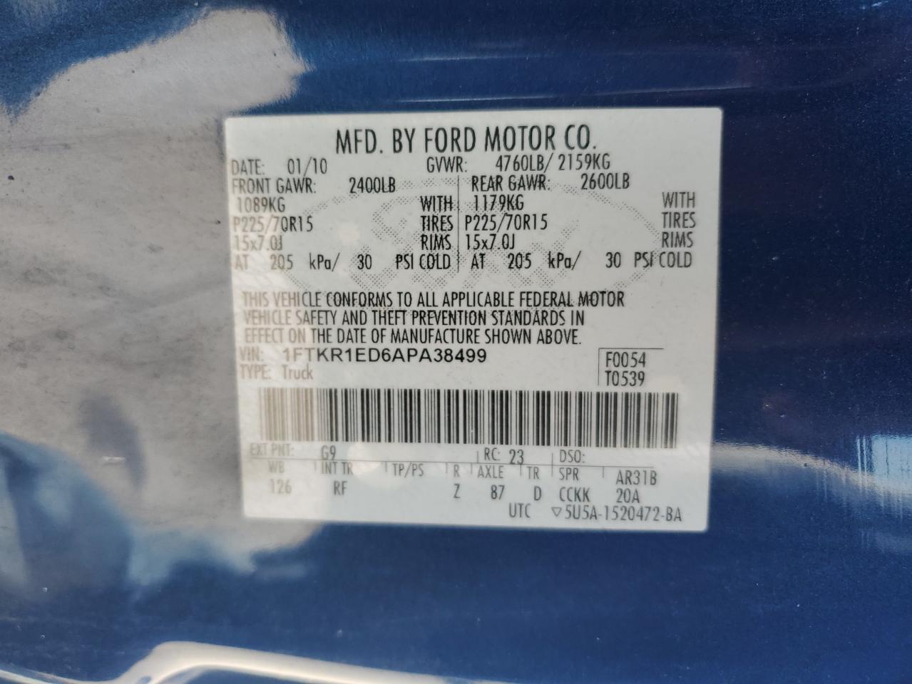 2010 Ford Ranger Super Cab VIN: 1FTKR1ED6APA38499 Lot: 56760615